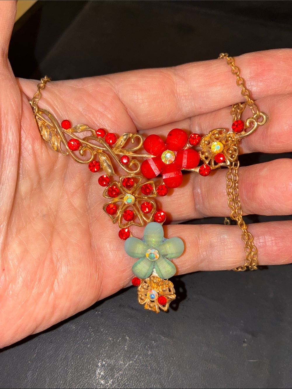 Gold-Tone Floral Necklace with Red and Mint Flowers Clear Crystal Accents